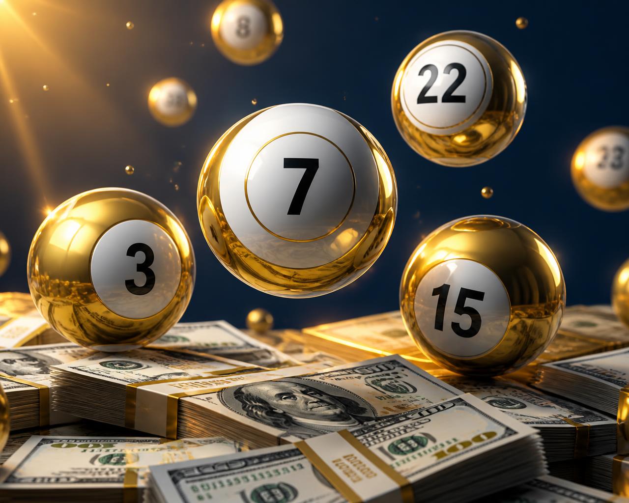 Golden 3D lottery balls floating above stacks of hundred dollar bills