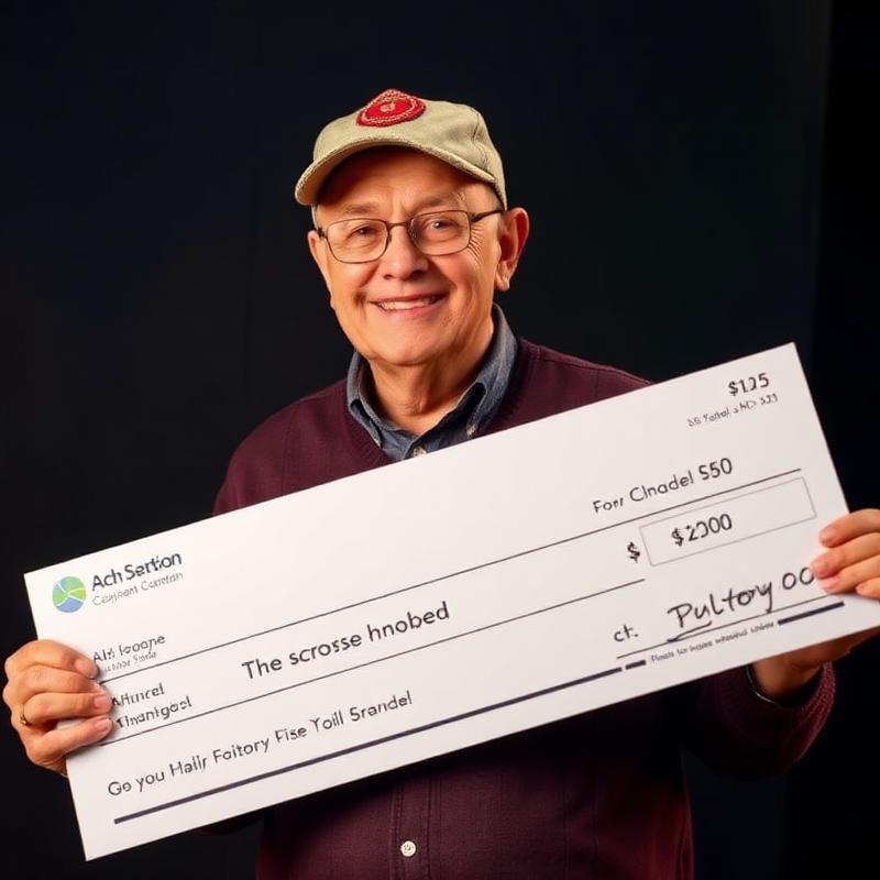 Earl Hobbs holding an oversized winner's cheque